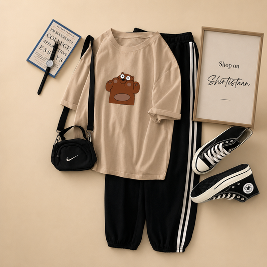 CREAM TEE BROWN BEAR WITH STRIPE TROUSER