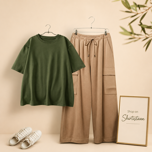 OLIVE GREEN TSHIRT WITH BEIGE CARGO TROUSER