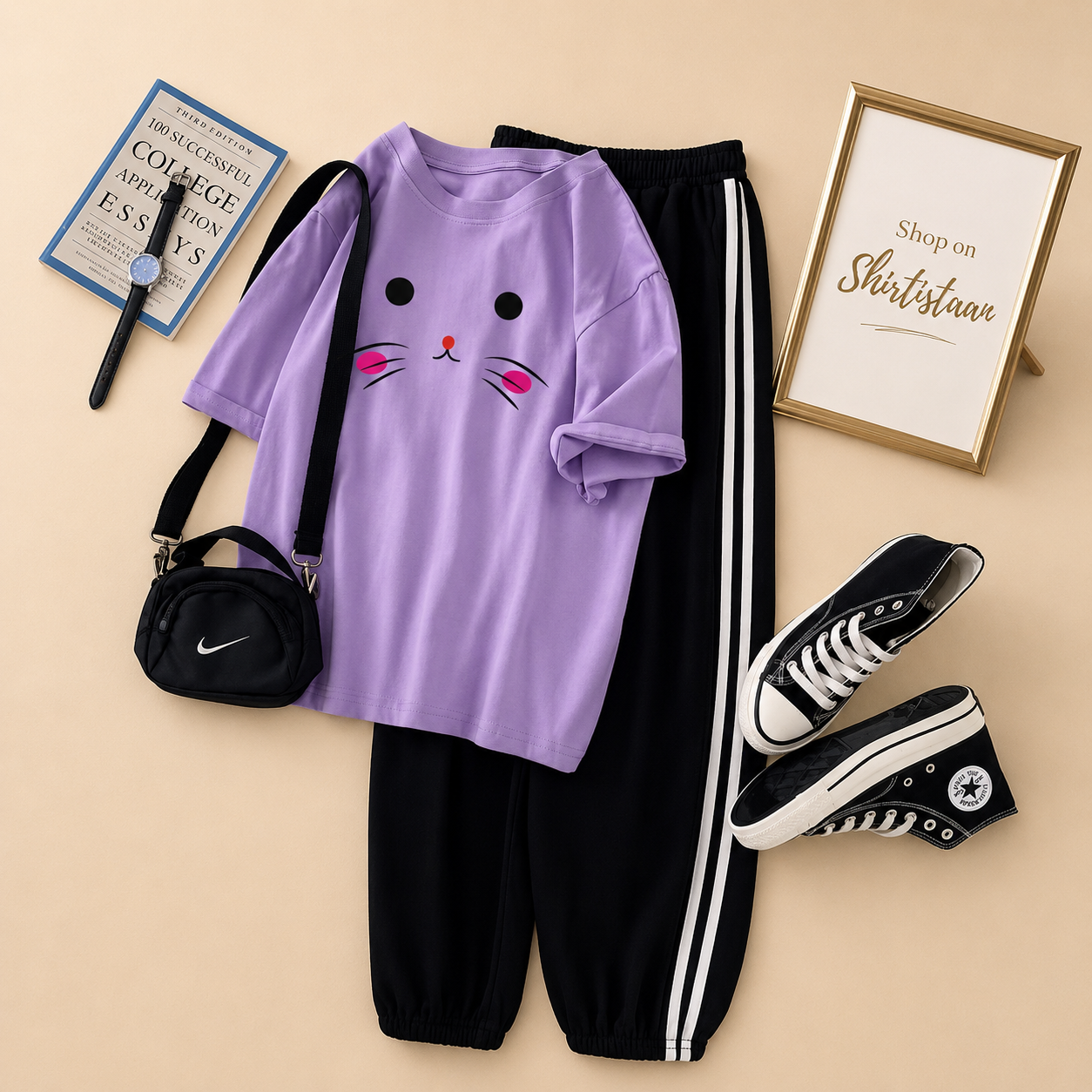 LILAC TEE CUTE CAT WITH STRIPE TROUSER