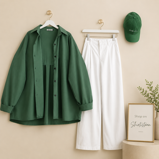 BOTTLE GREEN BUTTON DOWN SHIRT WITH WHITE WIDE LEG JEANS