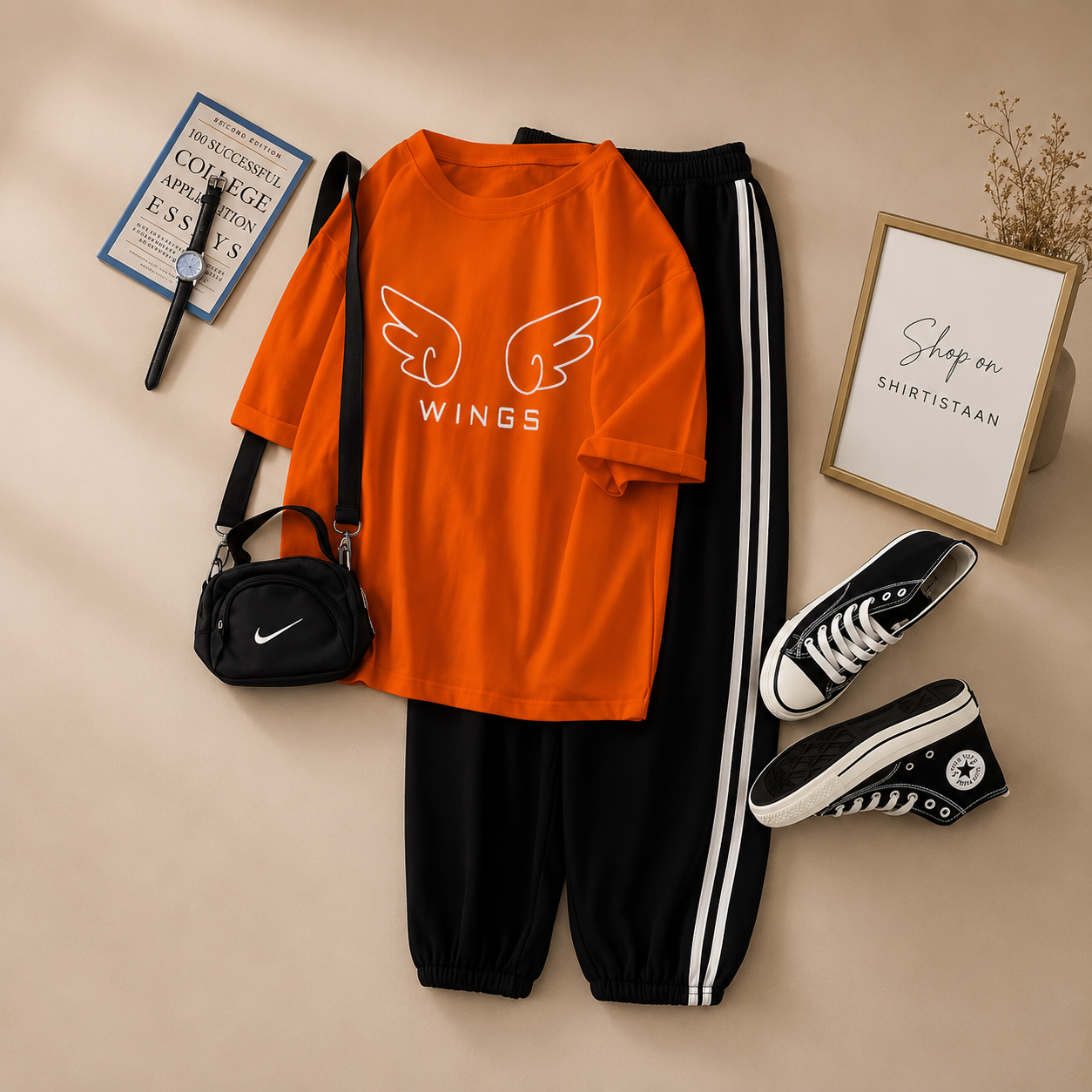ORANGE TEE WINGS WITH 3 STRIPES TROUSER