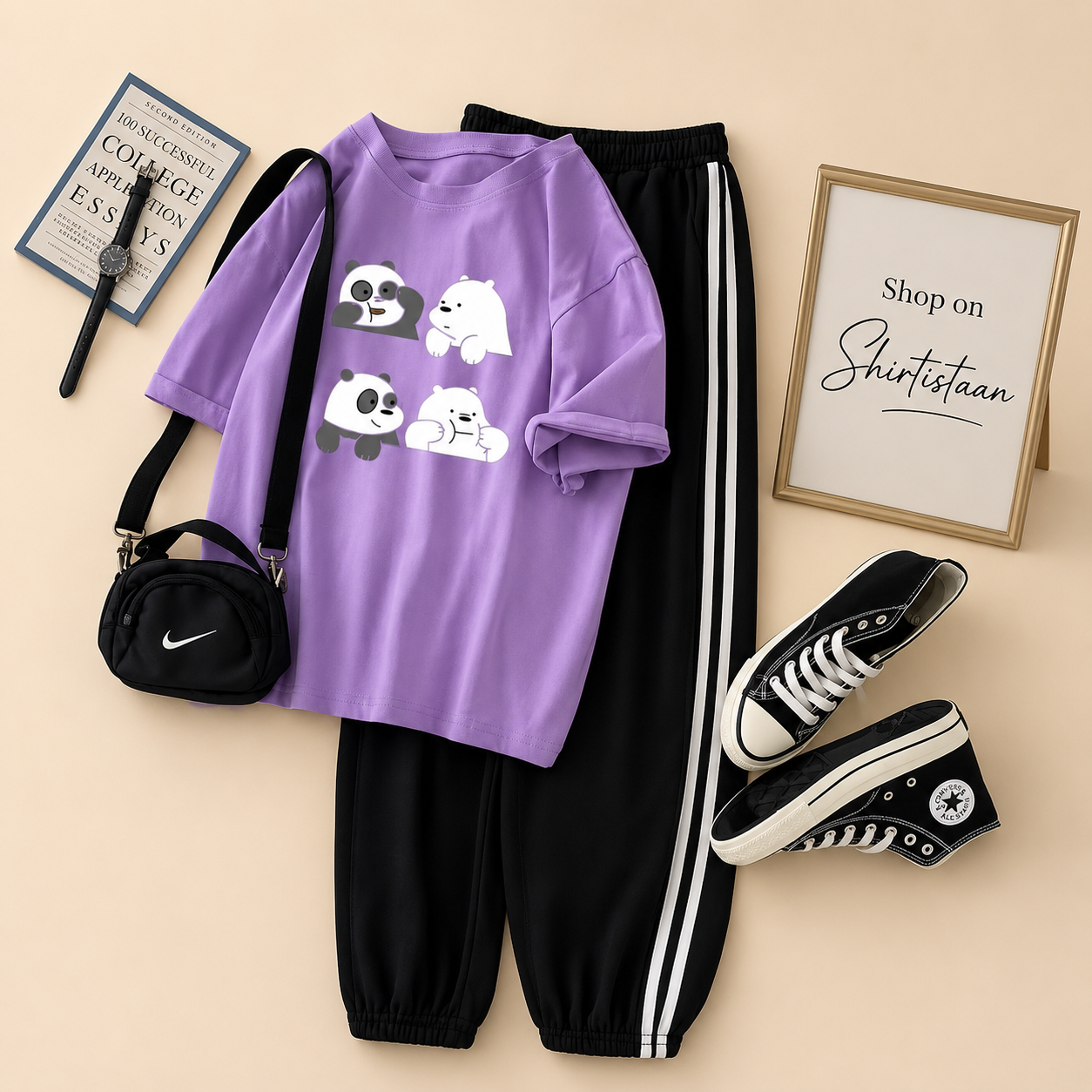 LILAC TEE FOUR BEAR WITH STRIPE TROUSER