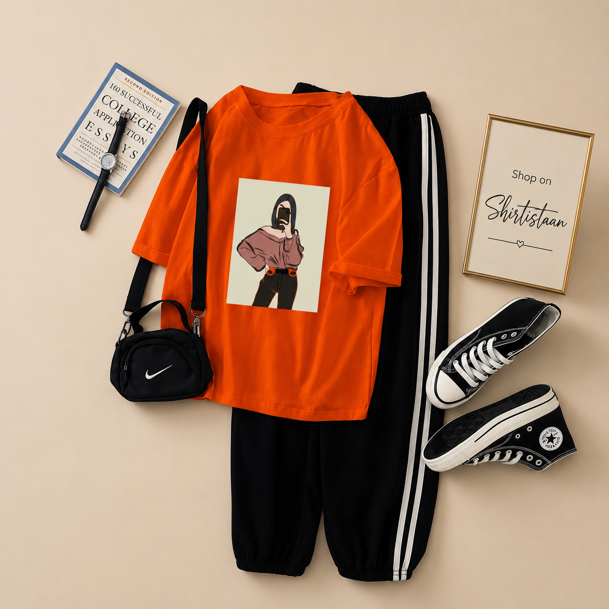 ORANGE TEE OFF SHOULDER GIRL WITH 3 STRIPES TROUSER
