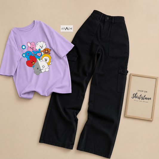 LILAC TEE BT21 CARTOON WITH BLACK CARGO JEANS