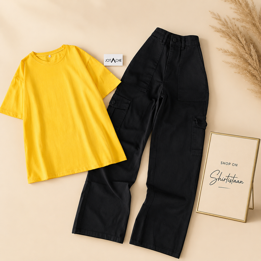 PLAIN YELLOW TEE WITH BLACK CARGO JEANS