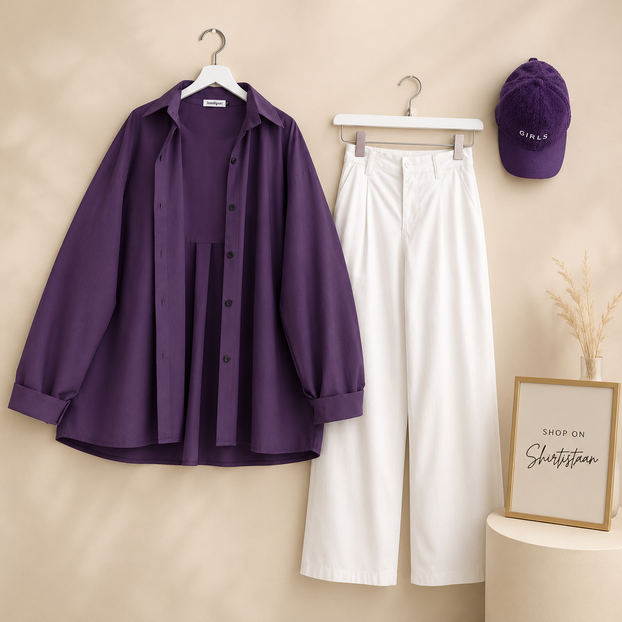 PURPLE BUTTON DOWN SHIRT WITH WHITE WIDE LEG JEANS