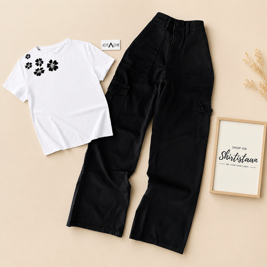 WHITE TEE SHOULDER FLOWER WITH BLACK CARGO JEANS