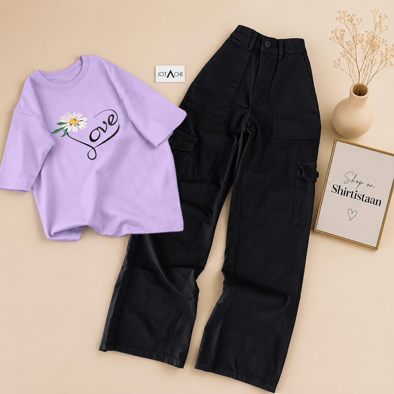LILAC TEE LOVE SUNFLOWER WITH BLACK CARGO JEANS