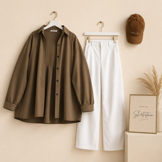 BROWN BUTTON DOWN SHIRT WITH WHITE WIDE LEG JEANS