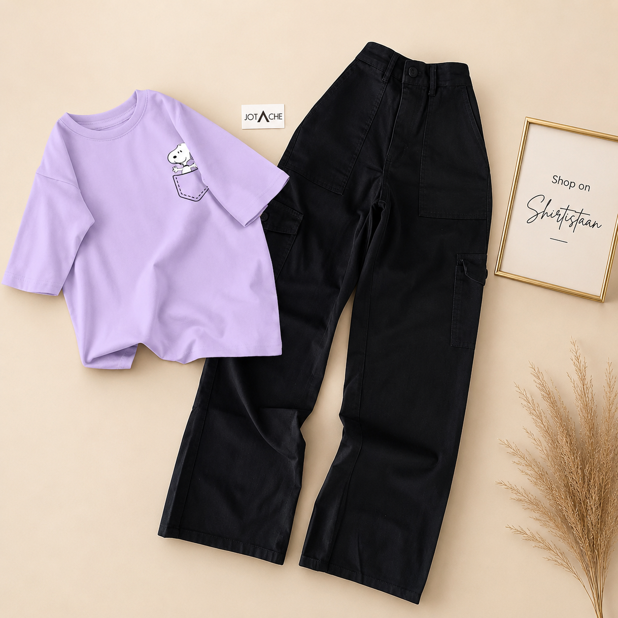 LILAC TEE POCKET PUPPY WITH BLACK CARGO JEANS