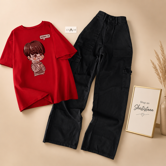 RED TEE KOOKIE WITH BLACK CARGO JEANS