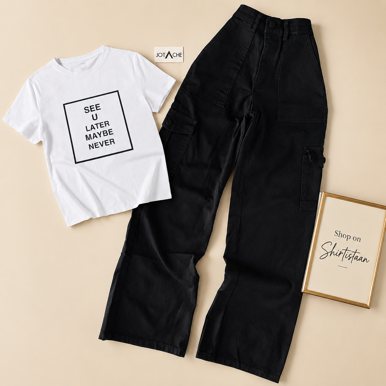 WHITE TEE SEE U LATER WITH BLACK CARGO JEANS