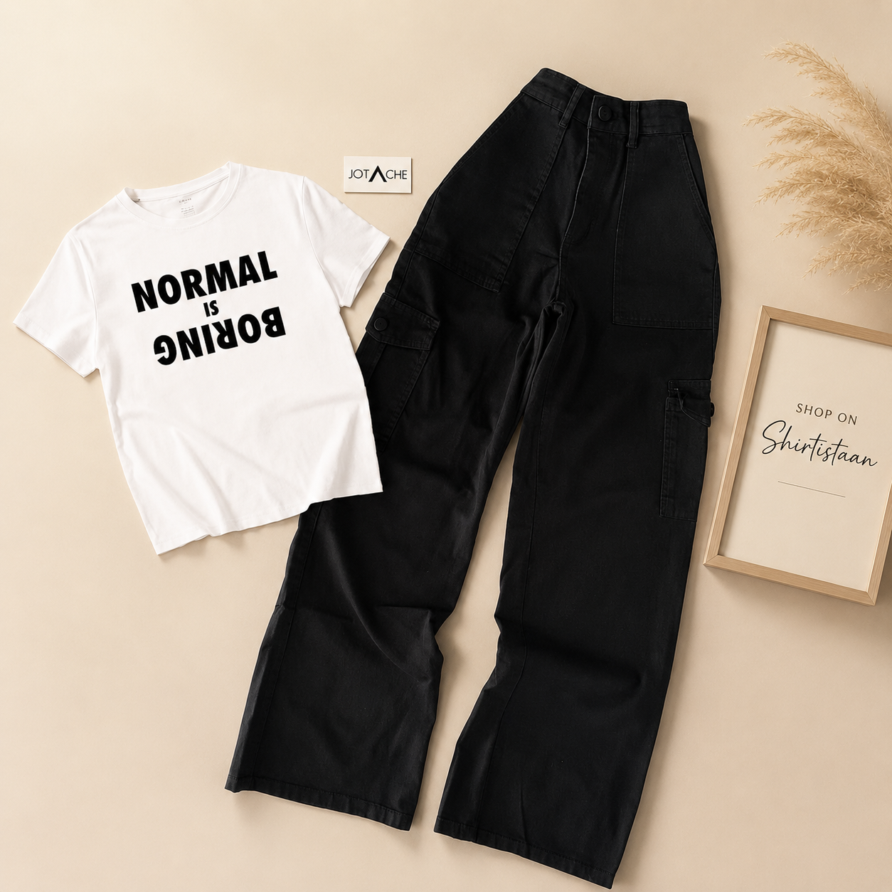 WHITE TEE NORMAL IS BORING WITH BLACK CARGO JEANS