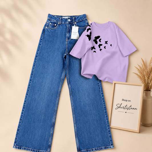 MID BLUE WIDE LEG JEANS LILAC TEE SHOULDER BUTTERFLY