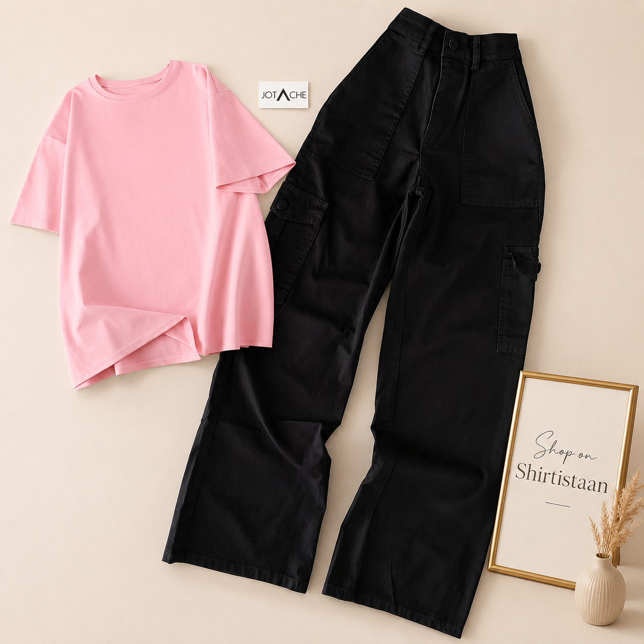 PLAIN PINK TEE WITH BLACK CARGO JEANS