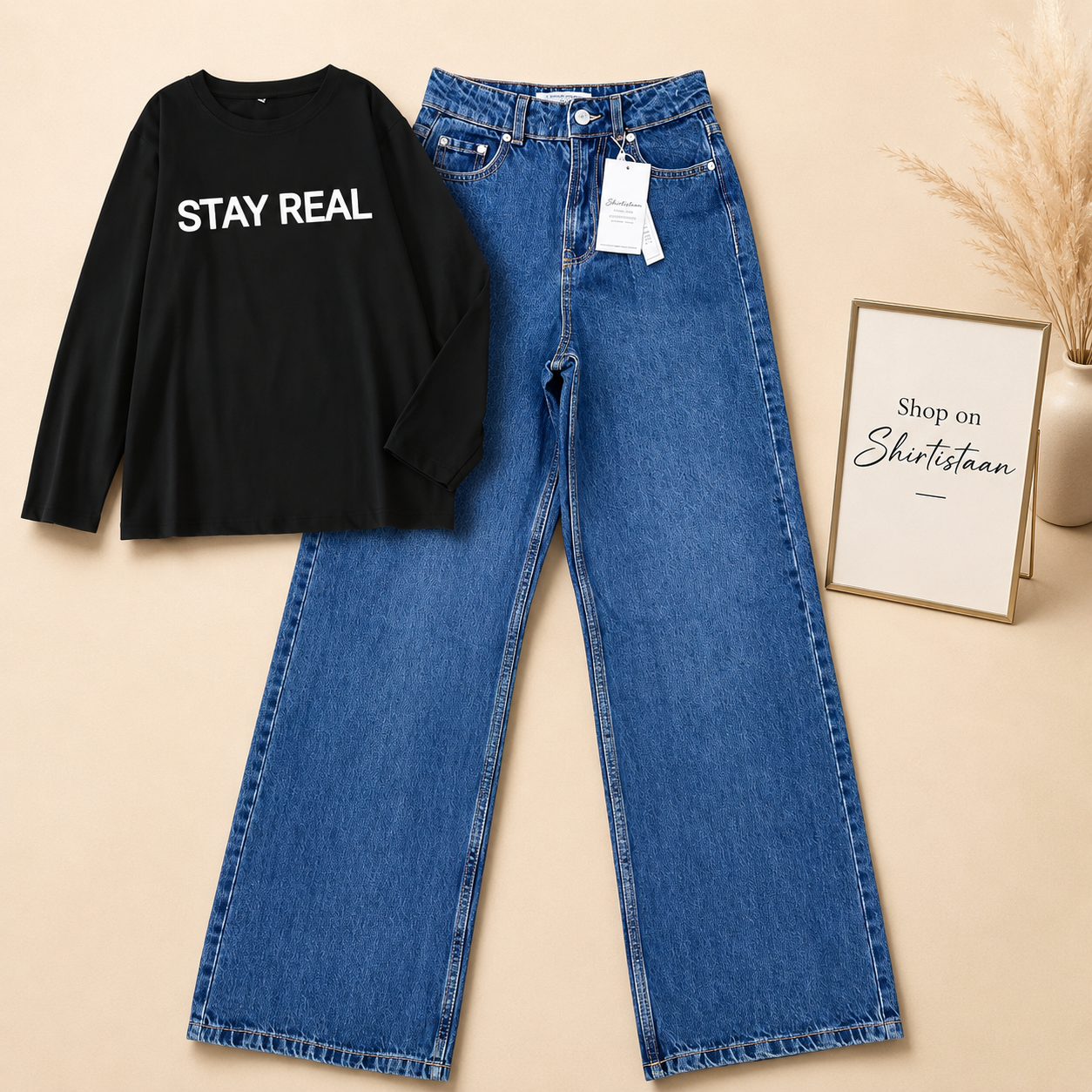 MID BLUE WIDE LEG JEANS BLACK FULL SLEEVE TEE STAY REAL