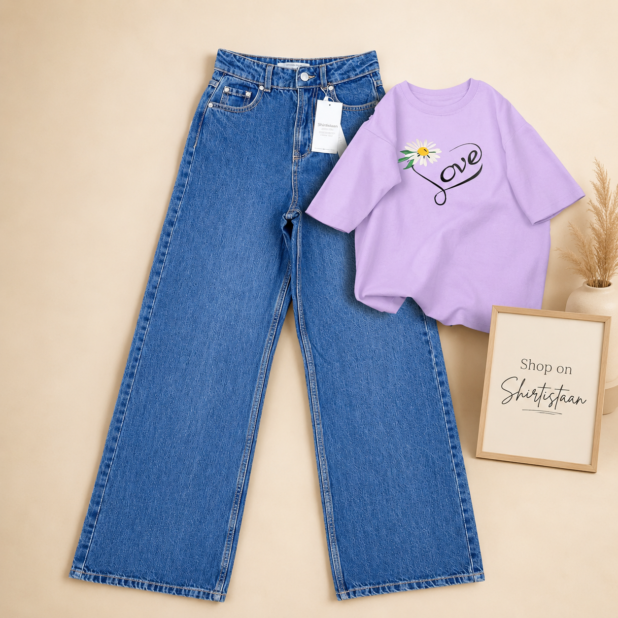 MID BLUE WIDE LEG JEANS WITH LILAC TEE LOVE SUNFLOWER