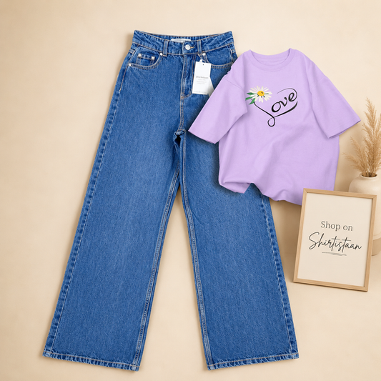 MID BLUE WIDE LEG JEANS WITH LILAC TEE LOVE SUNFLOWER