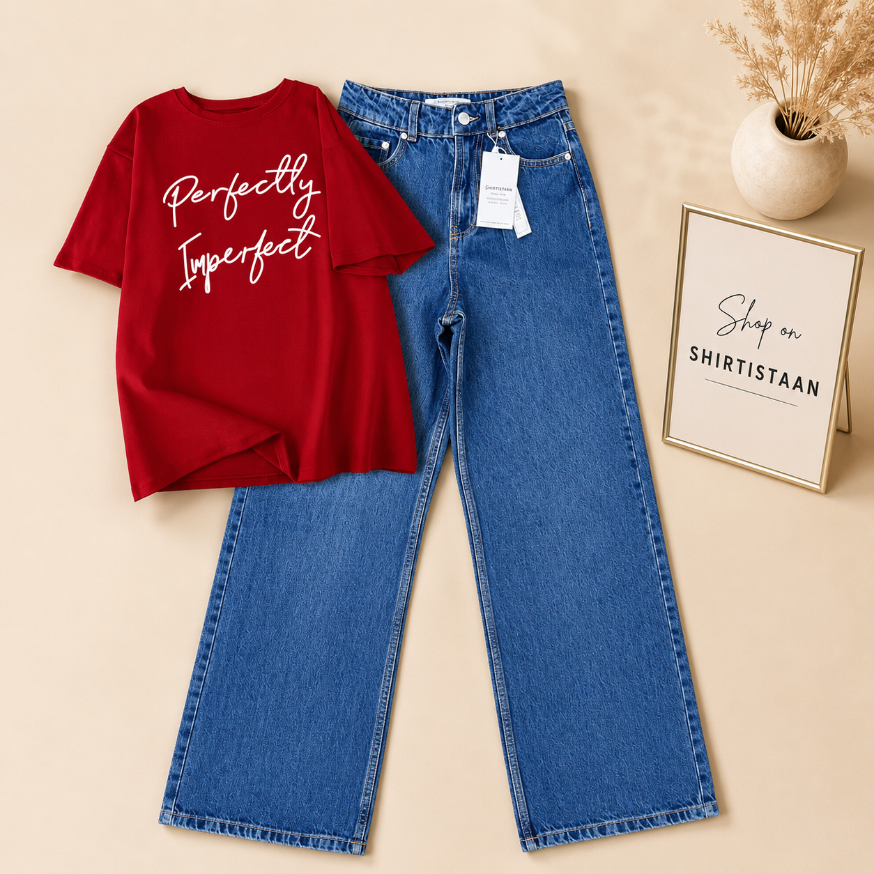 MID BLUE WIDE LEG JEANS WITH RED TEE PERFECTLY IMPERFECT