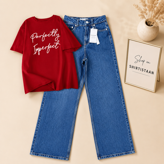 MID BLUE WIDE LEG JEANS WITH RED TEE PERFECTLY IMPERFECT