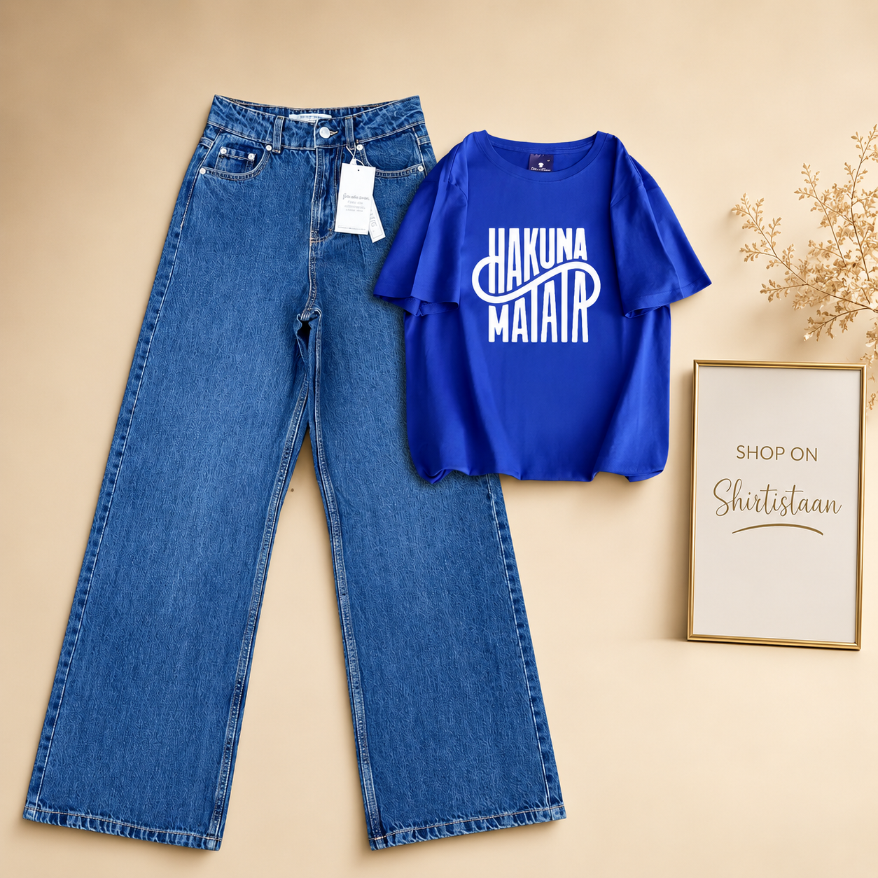 MID BLUE WIDE LEG JEANS ROYAL BLUE TEE HAKUNA MATATA