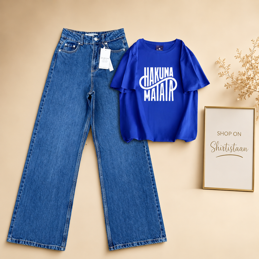 MID BLUE WIDE LEG JEANS ROYAL BLUE TEE HAKUNA MATATA