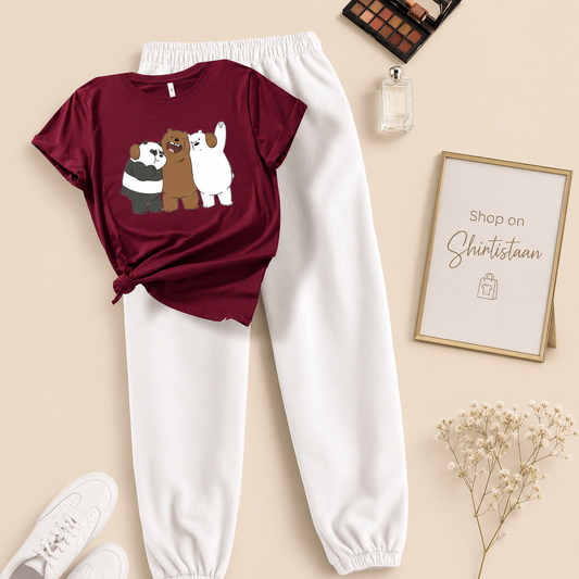 MAROON TEE TOGETHER BEAR WITH WHITE TROUSER