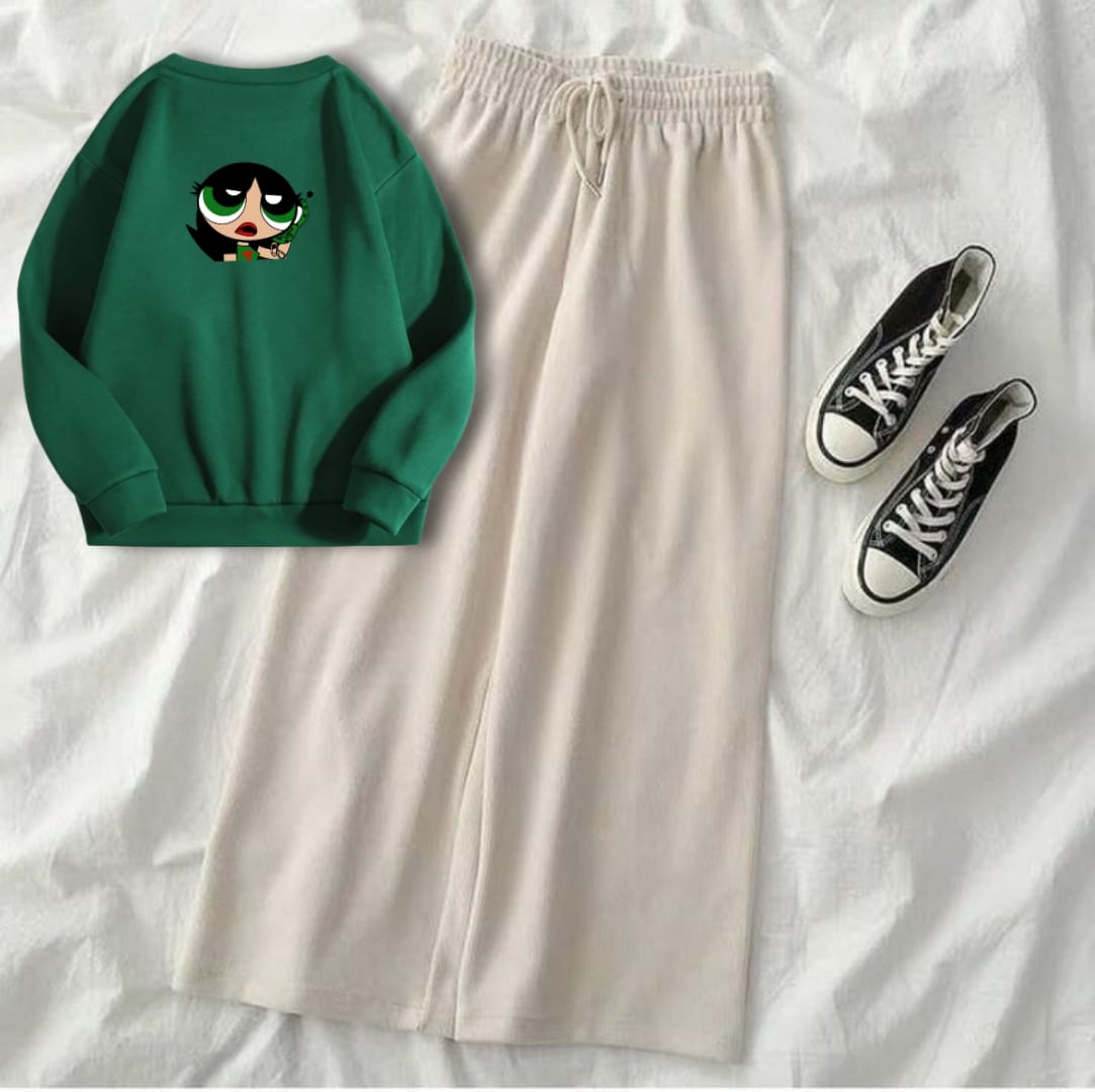 GREEN BUTTERCUP BOTTLE GREEN SWEATSHIRT WITH BEIGE FLAPPER