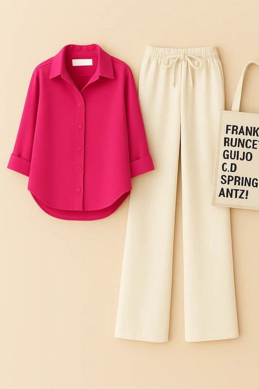 SHOCKING PINK BUTTON DOWN SHIRT WITH BEIGE FLAPPER