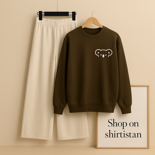 BROWN SWEATSHIRT CUTE BEAR ON POCKET WITH BEIGE FLAPPER