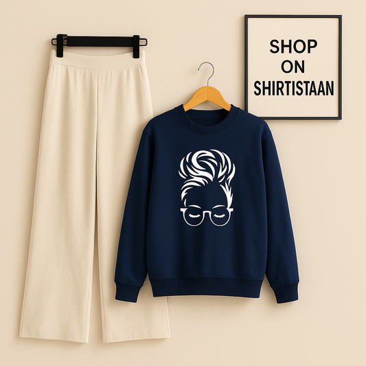 NAVY BLUE SWEATSHIRT HAIRY GIRL WITH BEIGE FLAPPER