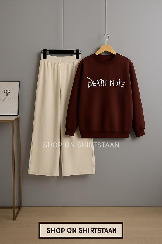 MAROON SWEATSHIRT DEATH NOTE WITH BEIGE FLAPPER