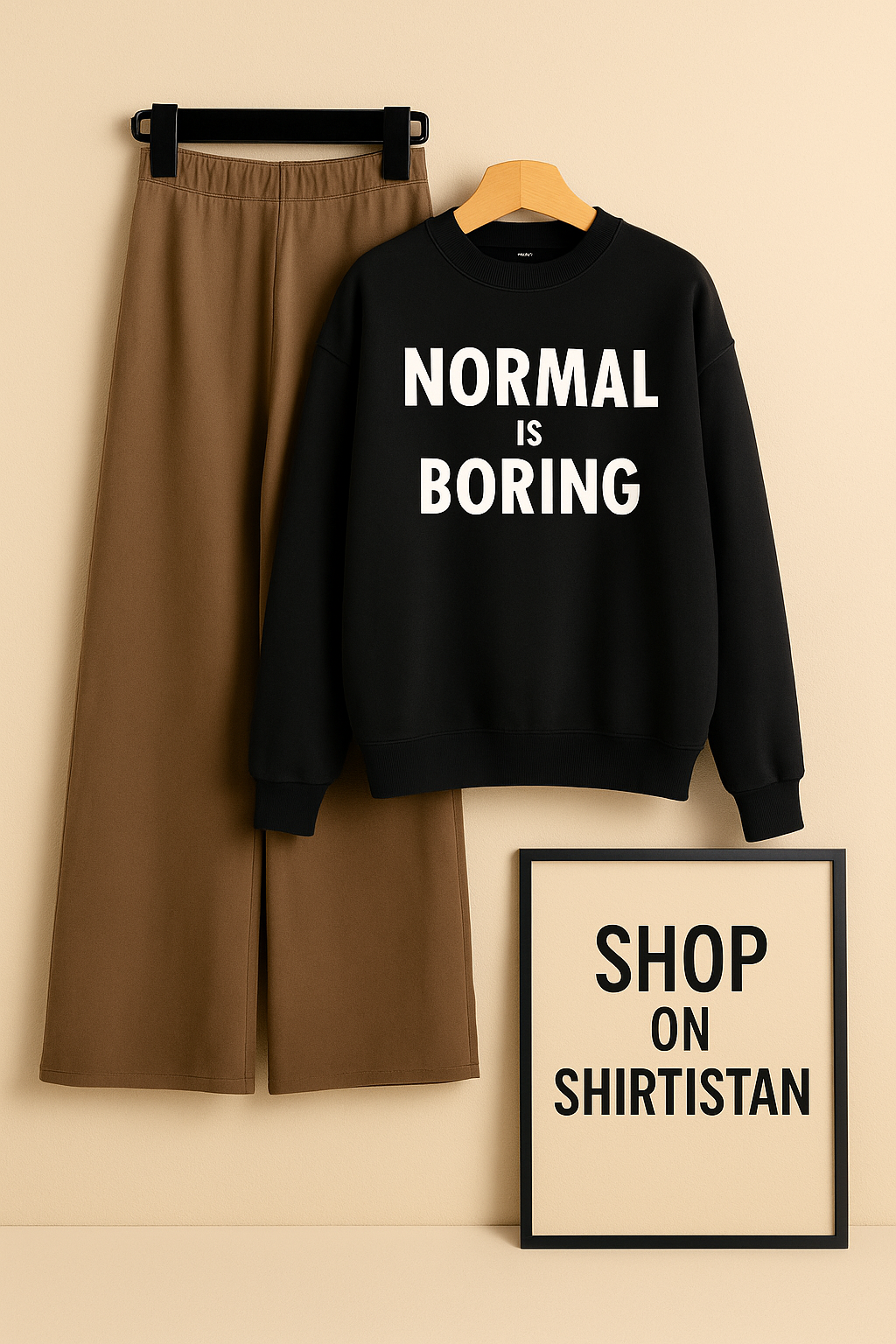 BLACK SWEATSHIRT NORMAL IS BORING WITH BROWN FLAPPER