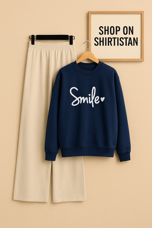 NAVY BLUE SWEATSHIRT SMILE HEART WITH BEIGE FLAPPER