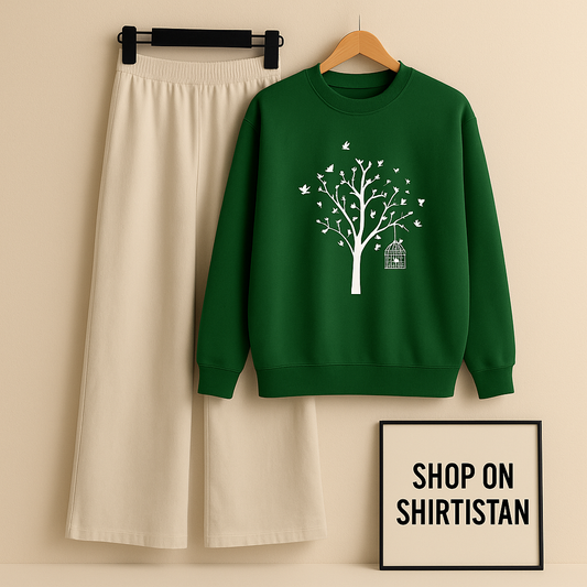 BOTTLE GREEN SWEATSHIRT NEW TREE WITH BEIGE FLAPPER