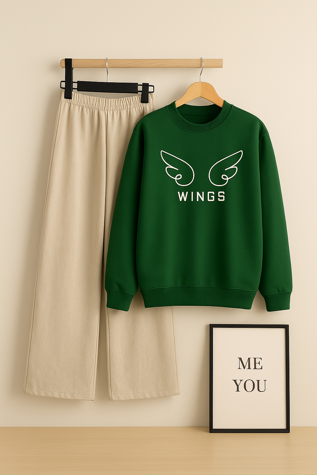 BOTTLE GREEN SWEATSHIRT WINGS WITH BEIGE FLAPPER