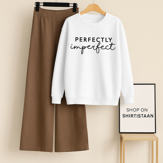 WHITE SWEATSHIRT PERFECTLY IMPERFECT WITH BROWN FLAPPER