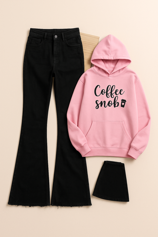 BLACK BELL BOTTOM JEANS WITH PINK HOOD COFFEE SNOB