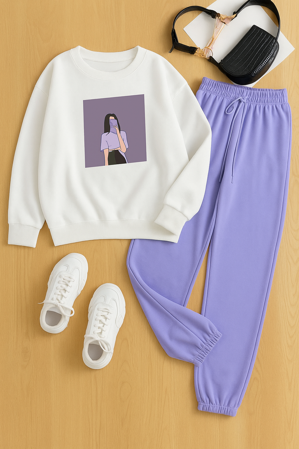 PURPLE BACKGROUND GIRL WHITE SWEATSHIRT WITH LILAC SWEATPANTS