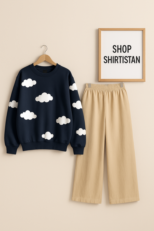 CLOUDS ALL OVER NAVY BLUE SWEATSHIRT WITH BEIGE FLAPPER
