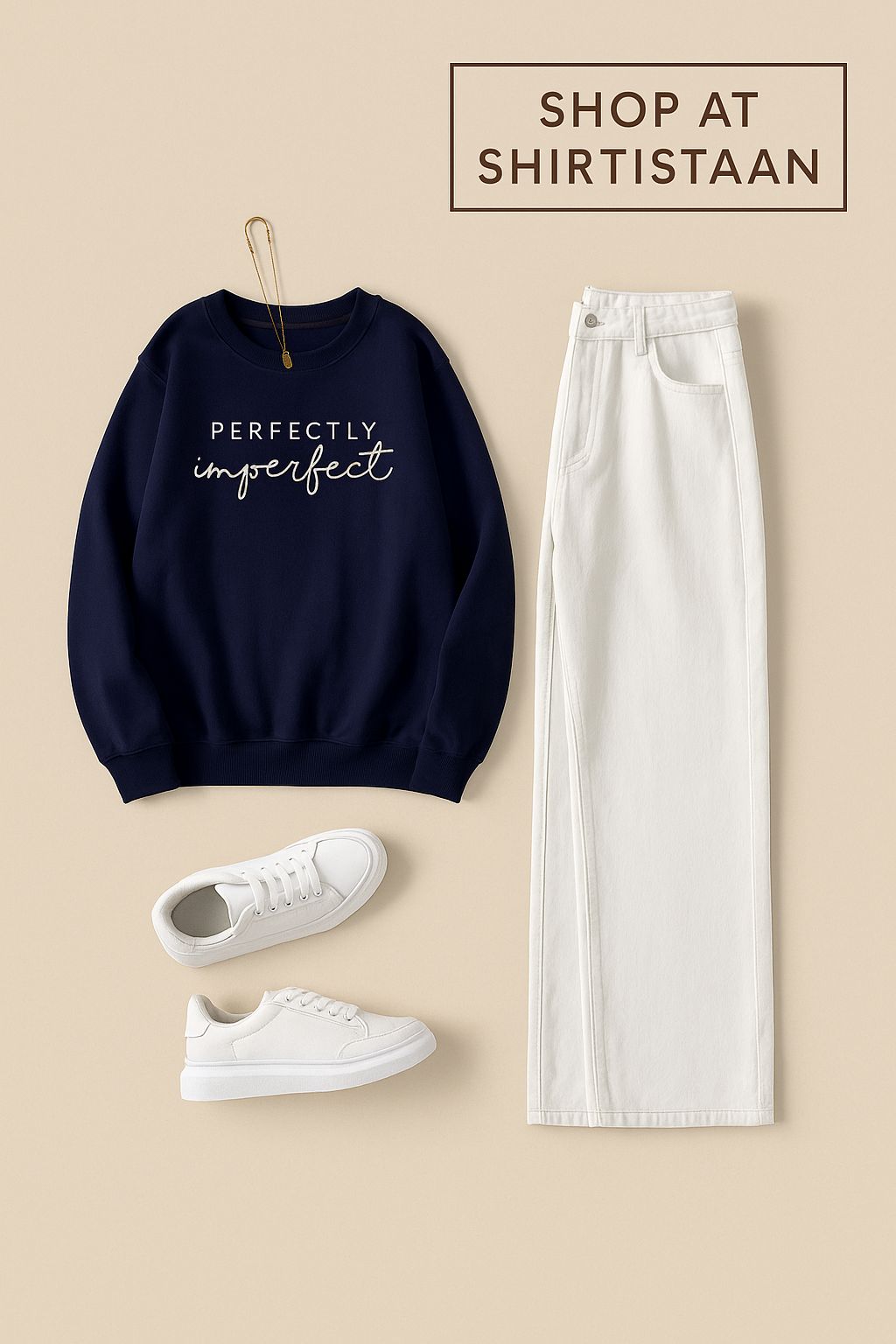 NAVY SWEATSHIRT PERFECTLY IMPERFECT WITH WHITE WIDE LEG JEANS