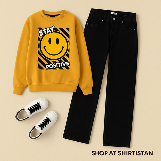 YELLOW SWEATSHIRT STAY POSITIVE WITH BLACK WIDE LEG JEANS