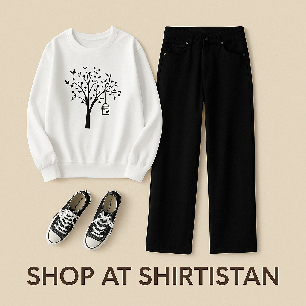 WHITE SWEATSHIRT NEW TREE WITH BLACK WIDE LEG JEANS