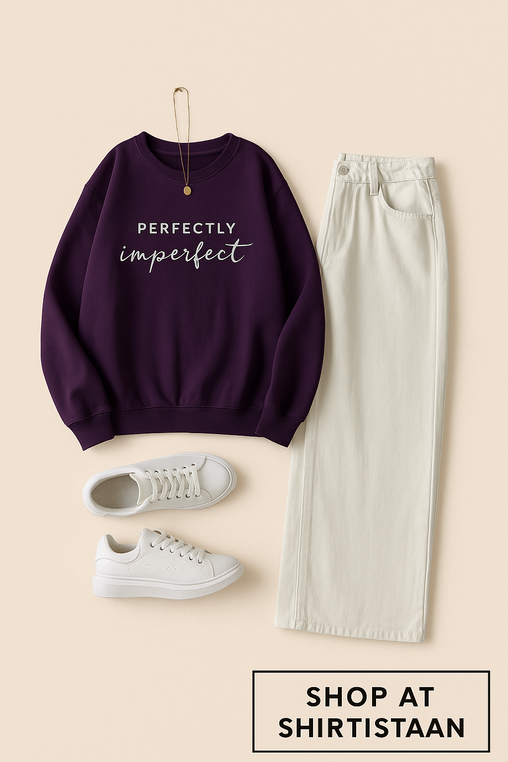 PURPLE SWEATSHIRT PERFECTLY IMPERFECT WITH WHITE WIDE LEG JEANS