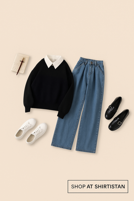 BLACK COLLAR SWEATSHIRT WITH MID BLUE JEANS