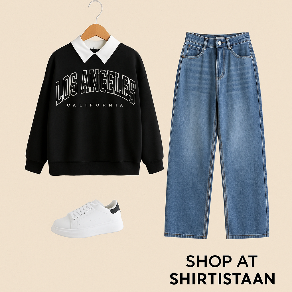 BLACK COLLAR SWEATSHIRT LOS ANGELES WITH MID BLUE WIDE LEG JEANS