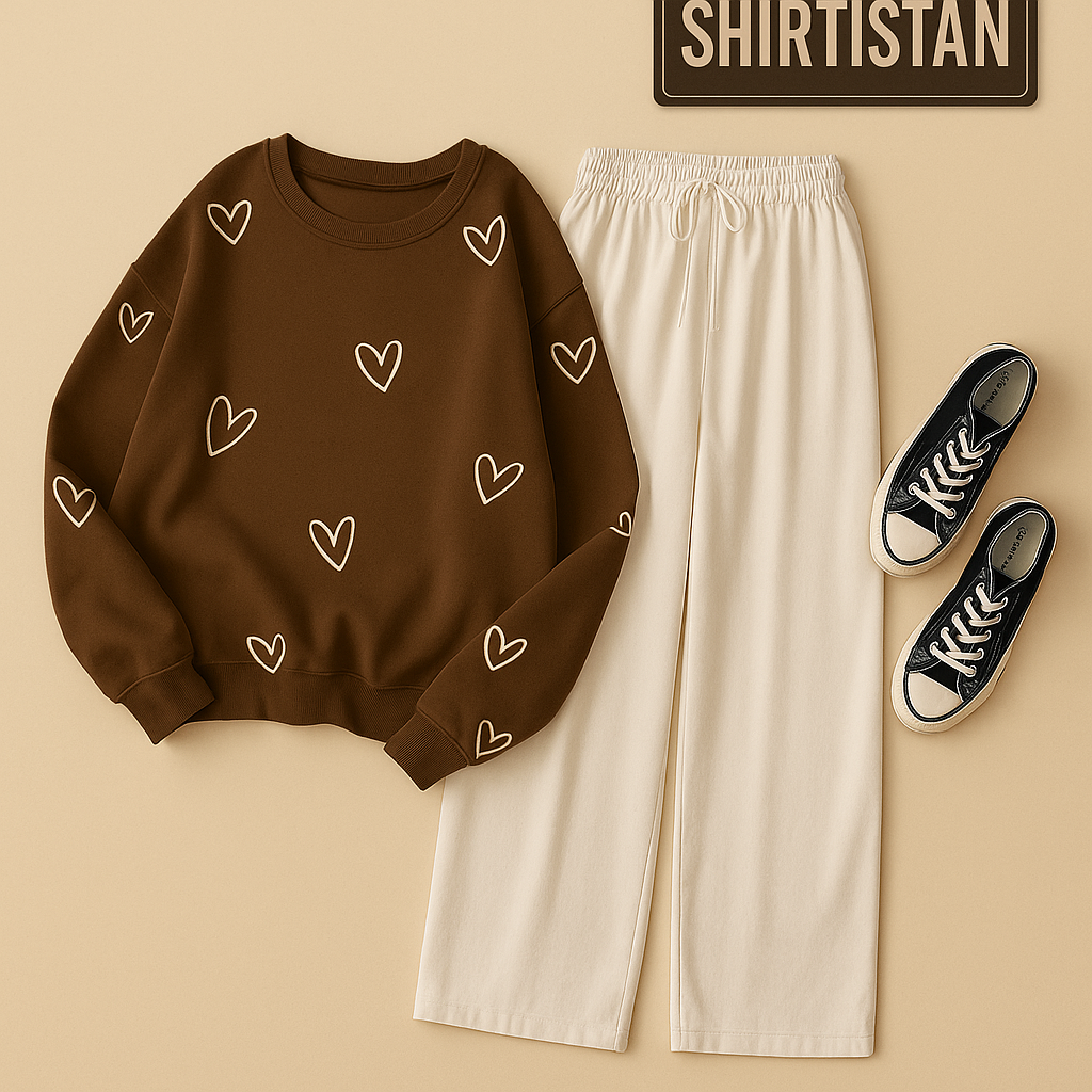 HEART ALLOVER BROWN SWEATSHIRT WITH BEIGE FLAPPER