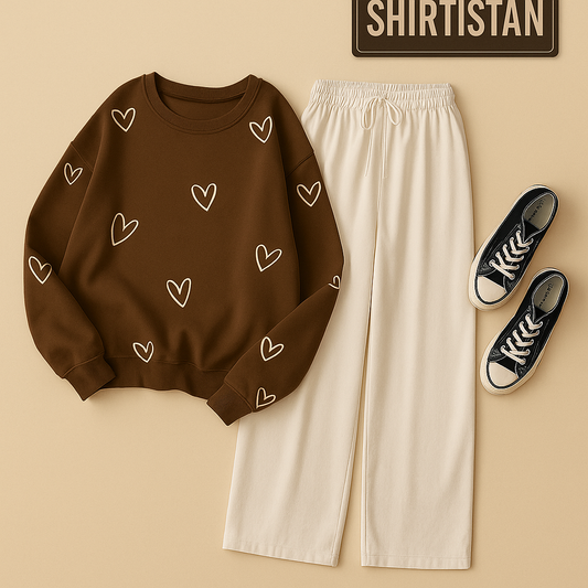 HEART ALLOVER BROWN SWEATSHIRT WITH BEIGE FLAPPER