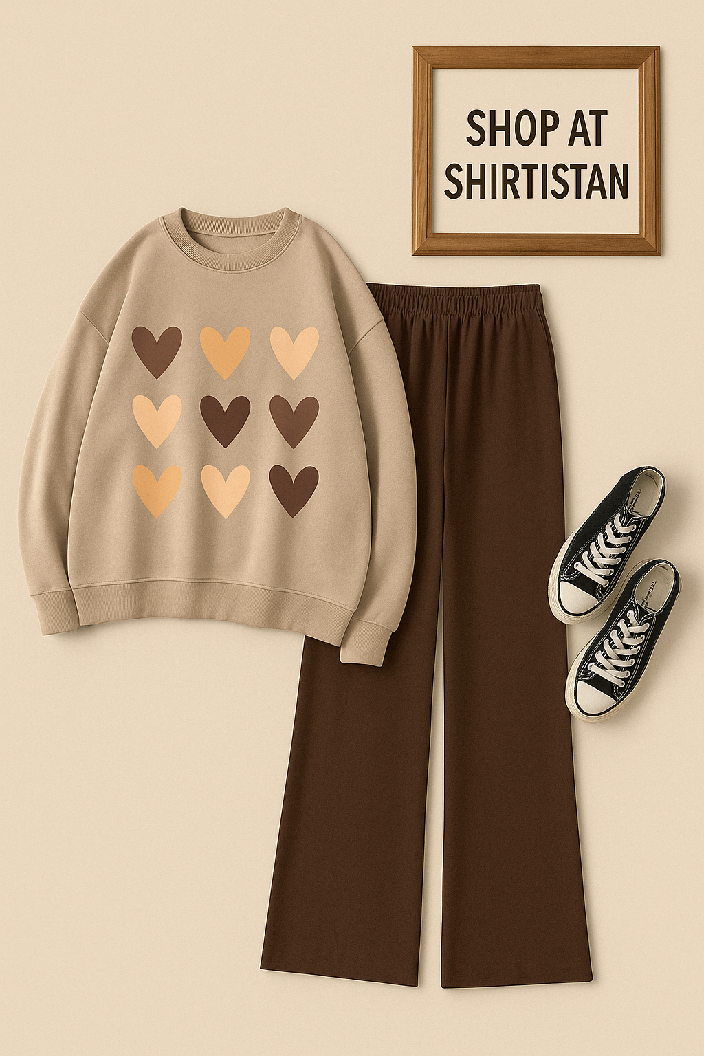 BROWN HEART SHEET BEIGE SWEATSHIRT WITH BROWN FLAPPER