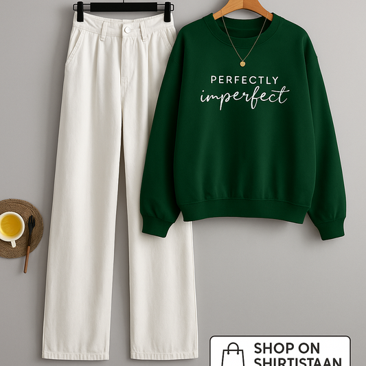 BOTTLE GREEN PERFECTLY IMPERFECT SWEATSHIRT WITH WHITE WIDE LEG